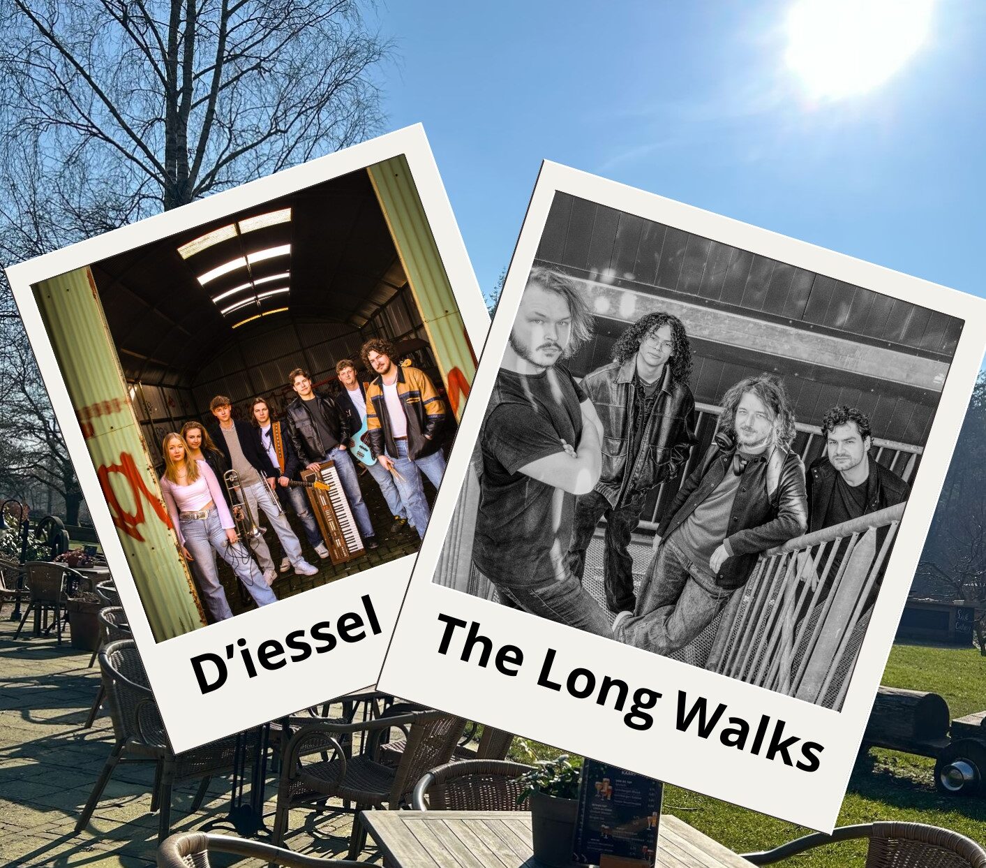 2 polaroidfoto's van band D'iessel en The Long Walks met een zonnig terras op de achtergrond