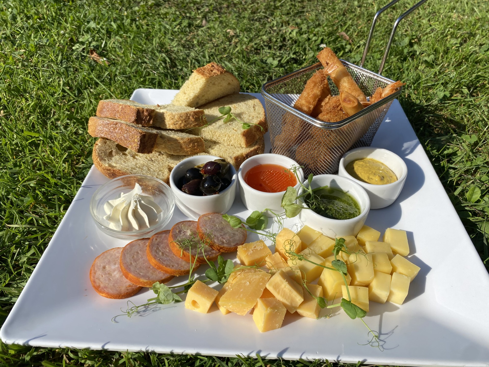 Plateau die in het gras ligt met worst, kaas, borrelgarnituur, brood en smeersels erop